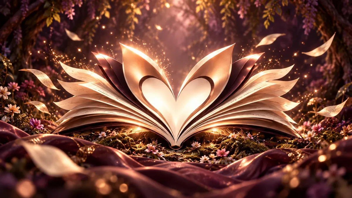 A sculptural storybook opening into heart-shaped wings